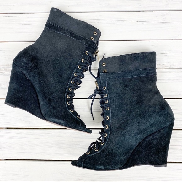 Joie Black Suede Lace Up Peep Toe Wedge Booties 39 - Picture 5 of 8